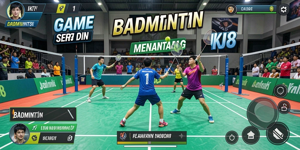Tampilan antarmuka JKT8 dengan karakter badminton bertanding.