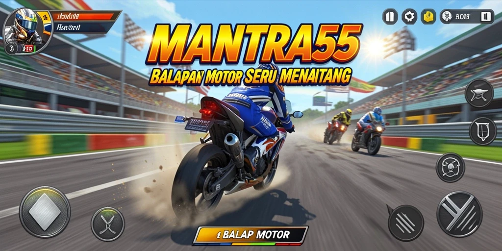 Screenshot utama dari game Balap Motor MANTRA55 yang menunjukkan aksi balapan seru.