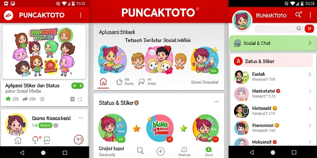 Antarmuka PUNCAKTOTO menampilkan berbagai stiker dan status menarik.