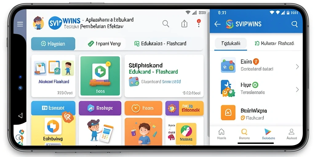Tampilan antarmuka pengguna aplikasi SVIPWINS untuk flashcard interaktif.